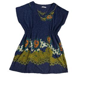 Dily Dress Medium Appliqué Polka Dot Bohemian Hippie Artsy Smocked